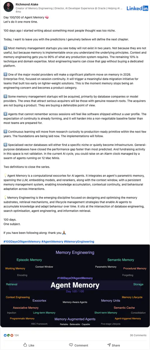 LinkedIn post, Day 100: agent memory predictions, 124 reactions and 36 comments