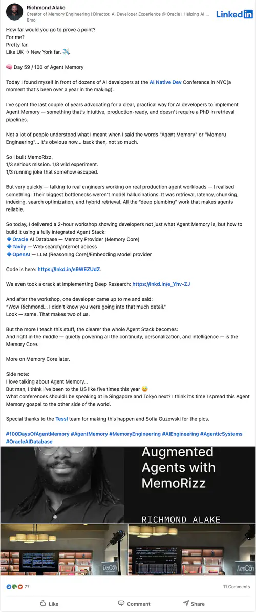 LinkedIn post, Day 59: the memory core in practice, 77 reactions