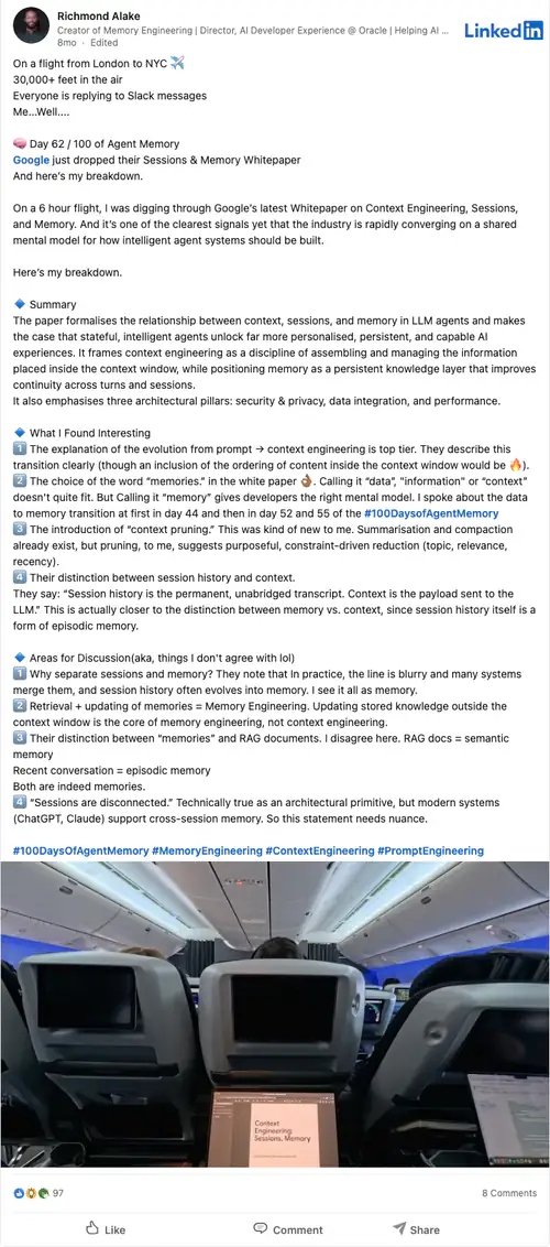 LinkedIn post, Day 62: sessions, context, and memory, 97 reactions