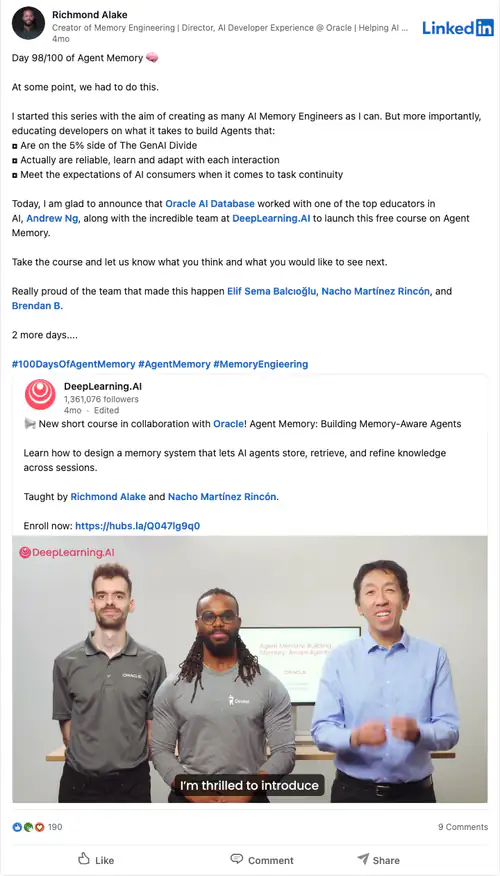 LinkedIn post, Day 98: teaching memory-aware agents, 189 reactions